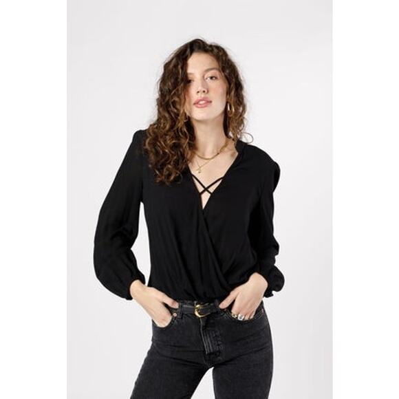 Band Of The Free Crossover Wrap Long Sleeve Top S Black Ikat Minimalist Office - Picture 1 of 11